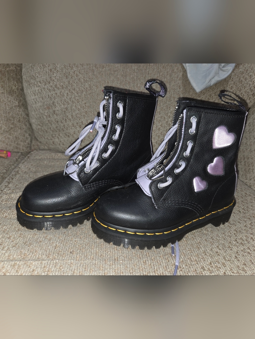 Dr Martens Black Lace-Up Combat Boots with Lilac Heart Accents